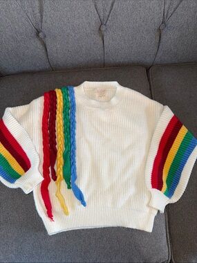 Hannah Banana White Sweater with Rainbow Braided Tassels